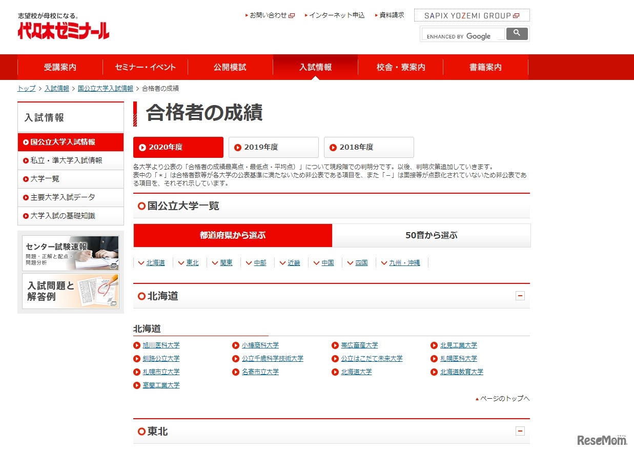 代々木ゼミナール「合格者の成績」