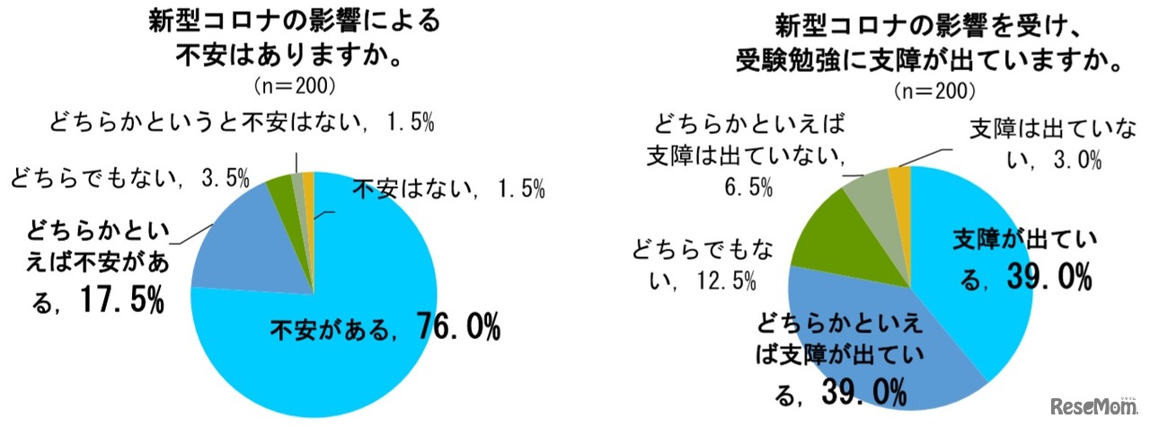 新型コロナの影響による不安はあるか／新型コロナの影響を受け、受験勉強に支障が出ているか