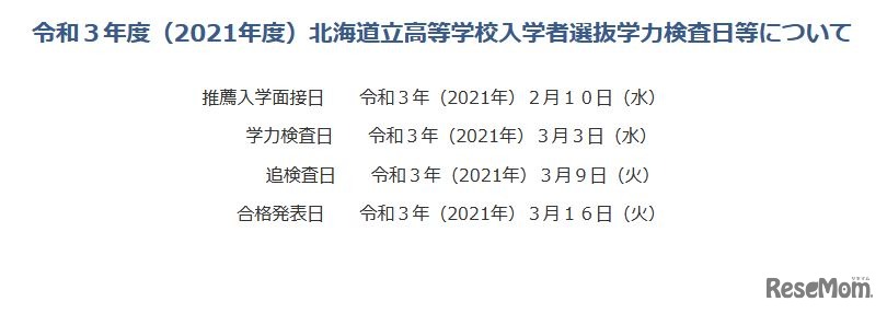 2021年度北海道立高等学校入学者選抜の日程