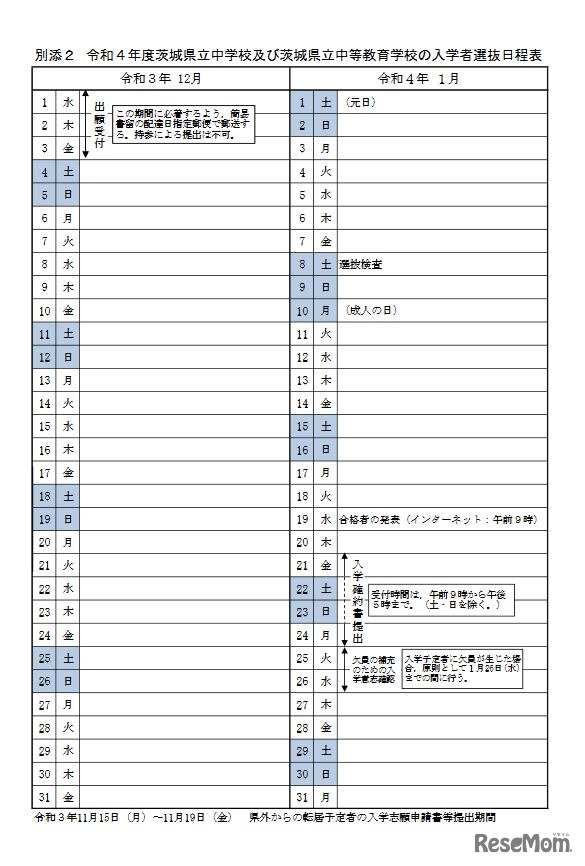 令和4年度（2022年度）茨城県立中学校・茨城県立中等教育学校入学者選抜日程表