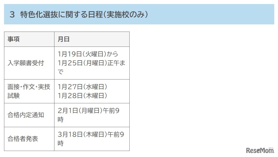 特色化選抜に関する日程（実施校のみ）