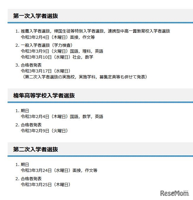 2021年度鹿児島県公立高等学校入学者選抜日程