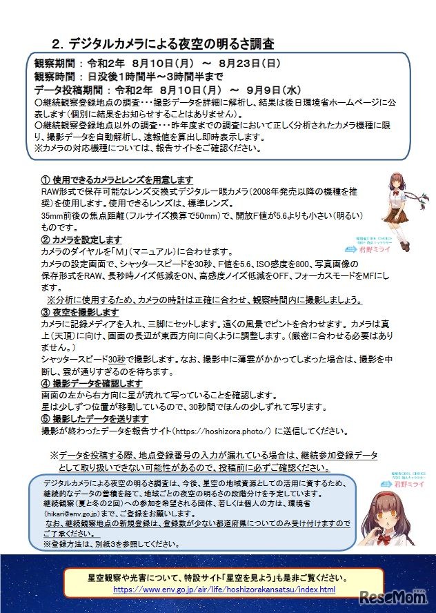 観察方法（デジタルカメラによる夜空の明るさ調査）