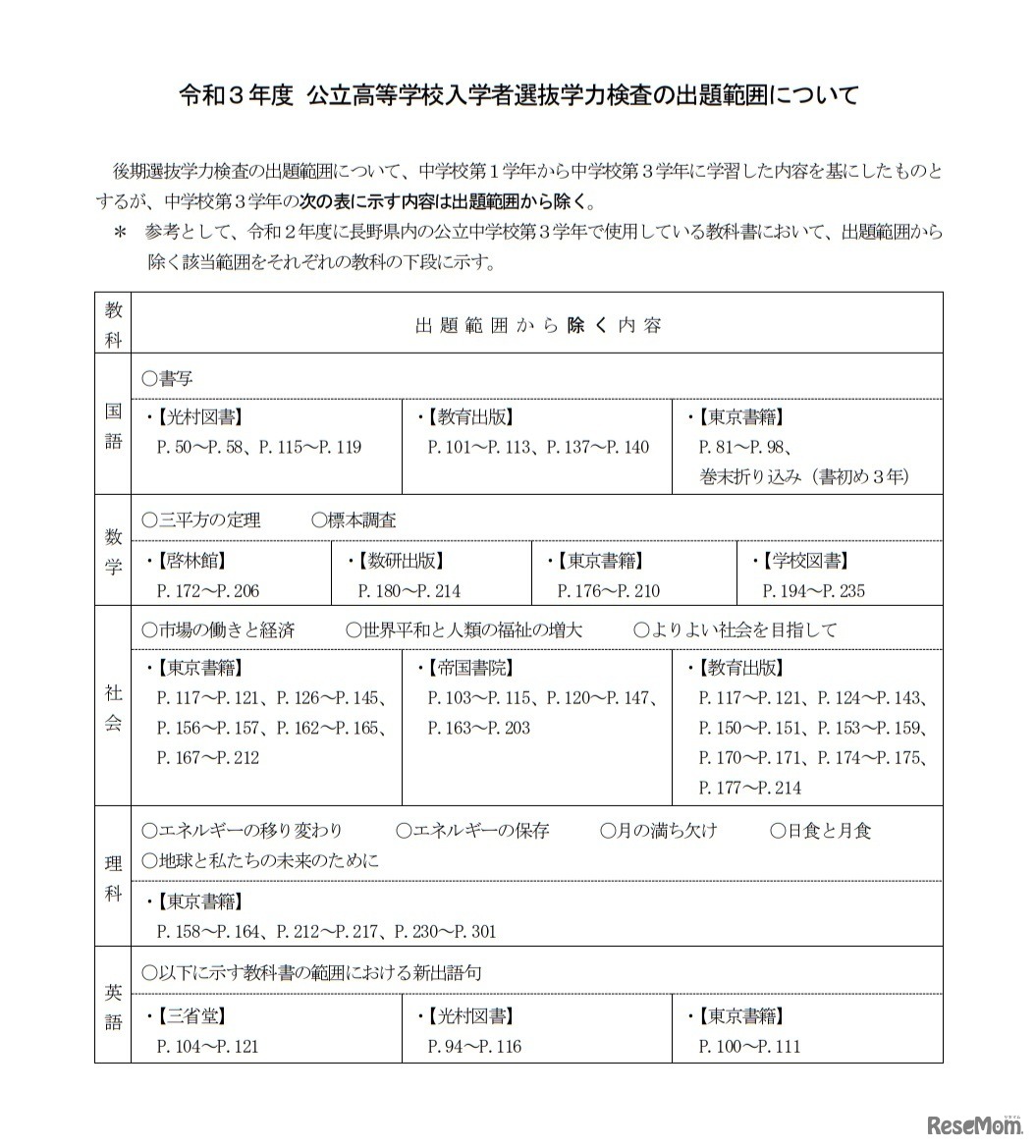 令和3年度 公立高等学校入学者選抜学力検査の出題範囲について