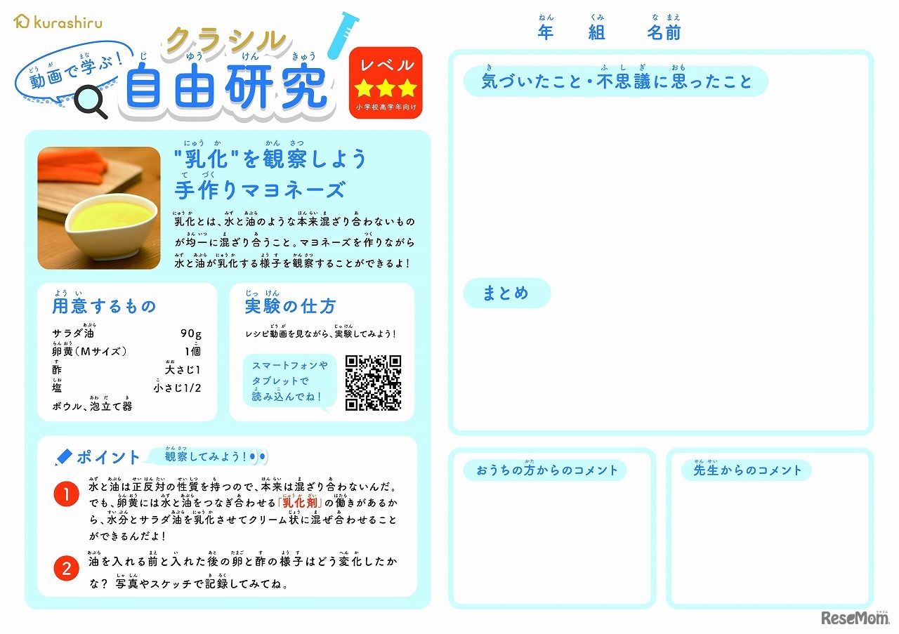 「“乳化”を観察しよう 手作りマヨネーズ」学習プリント