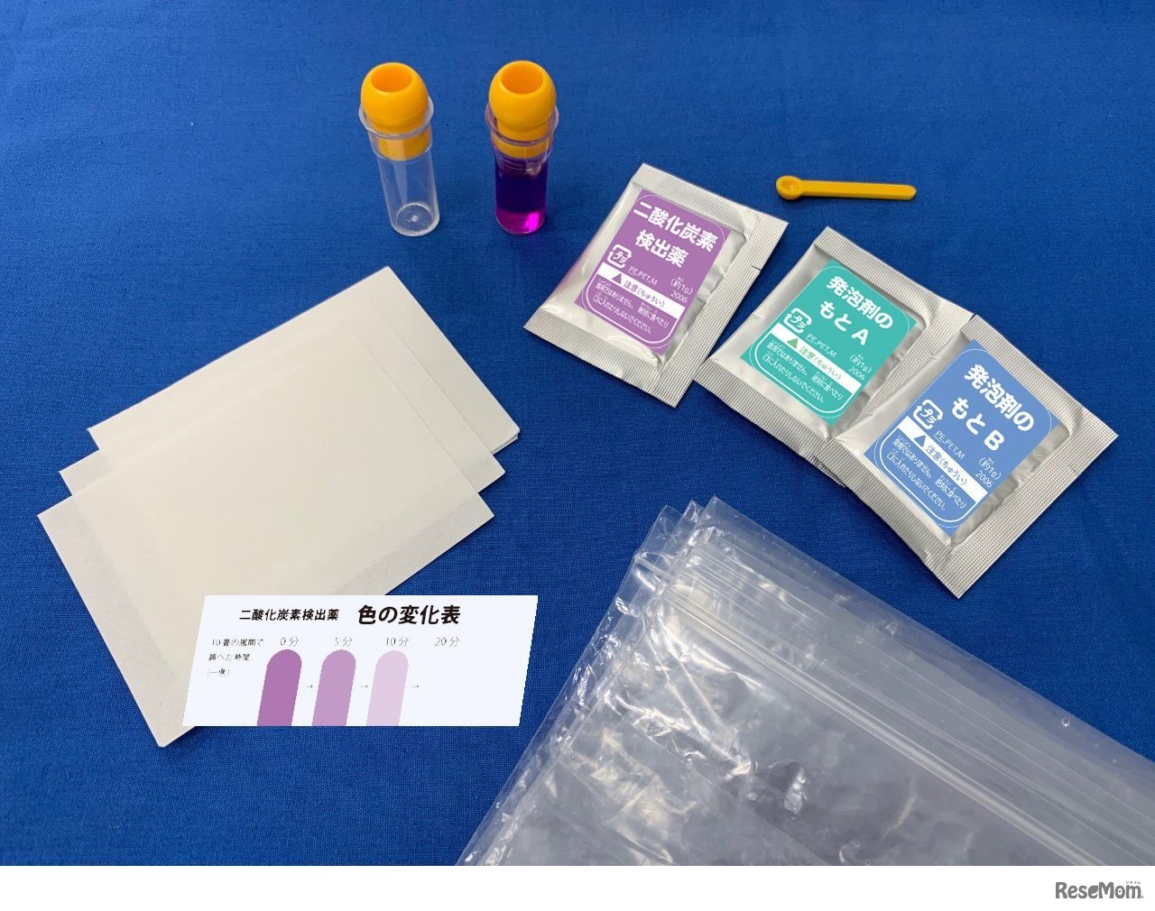 内容物（二酸化炭素検出薬、発泡剤のもと、試験管、小さじ、ろ紙、ビニール袋）