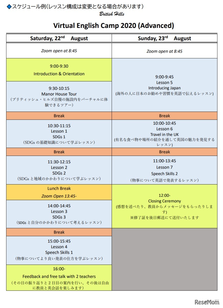 スケジュール例（Advanced）