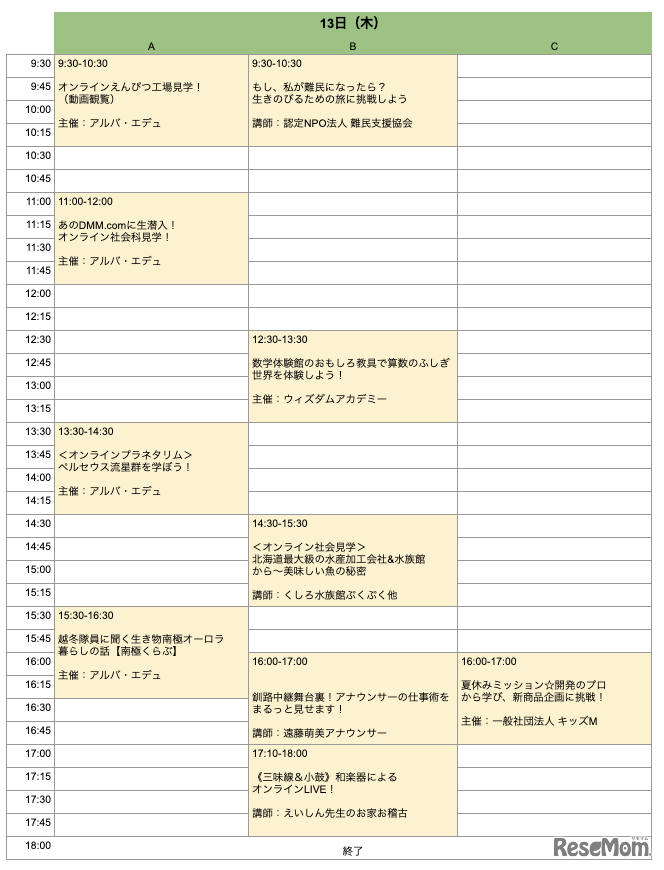 タイムテーブル（8月13日）