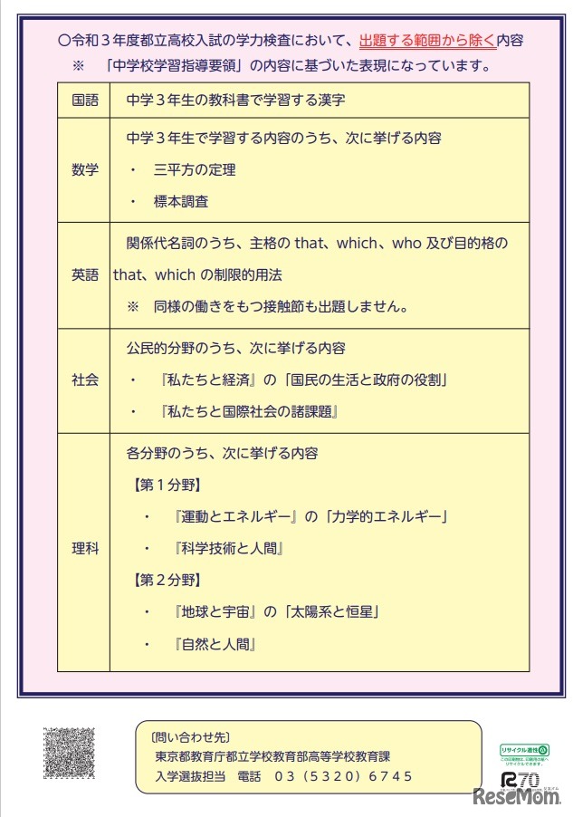2021年度都立高校入試における出題範囲等について