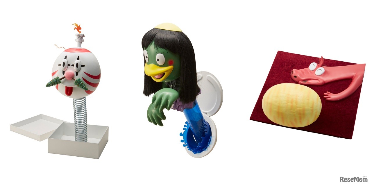 ゾロリが集めた“お宝”立体オブジェ【左から：びっくりバコーン、トイレのはなこさん、きょうりゅうのたまご】