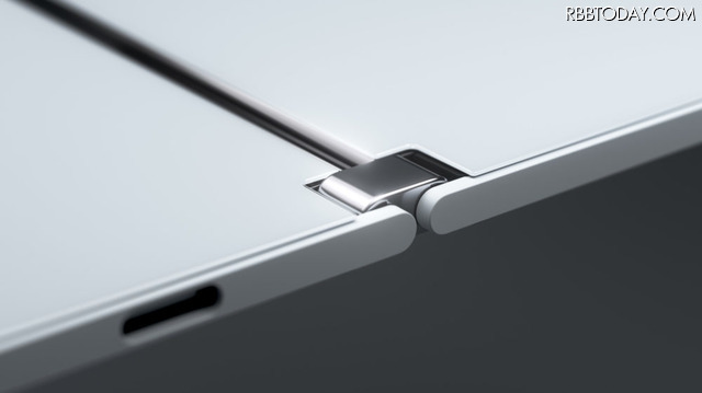 360°回転するヒンジで2つの画面をつないでいる