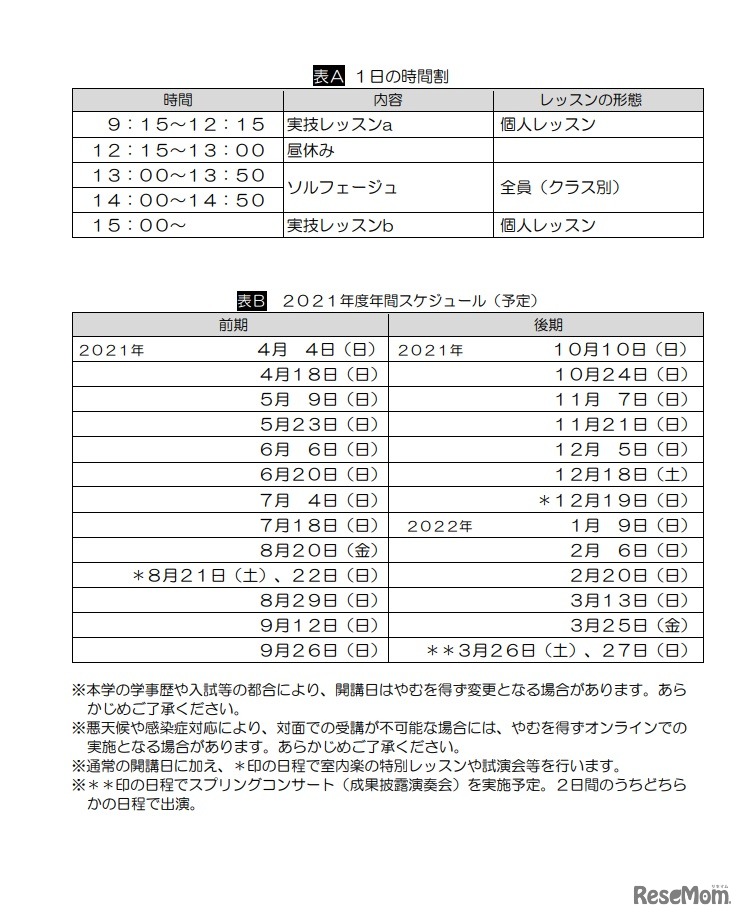 2021年度の時間割と年間スケジュール