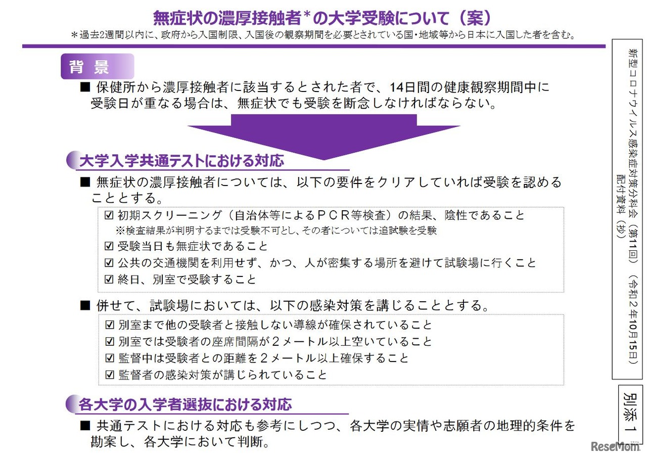 無症状の濃厚接触者の大学受験について