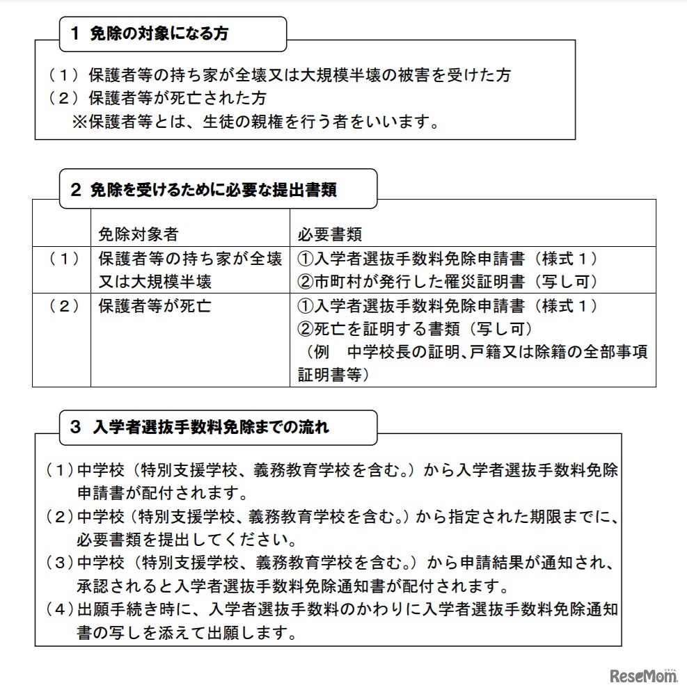 2020年（令和2年）7月豪雨による被災者に対する県立高等学校入学者選抜手数料の免除について