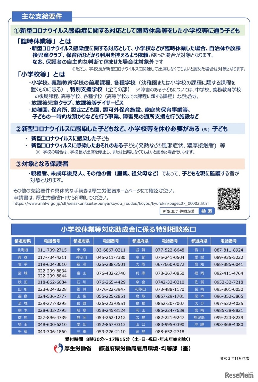 おもな支給要件／特別相談窓口一覧