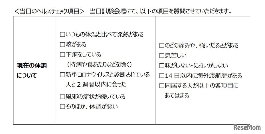 当日のヘルスチェック項目