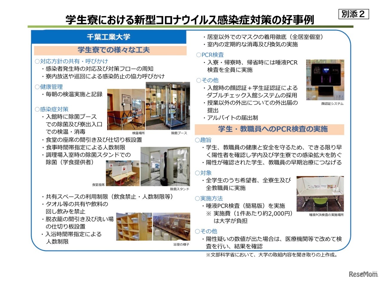 学生寮における新型コロナウイルス感染症対策の好事例（大学等における新型コロナウイルス感染症の感染拡大を防止するための取組みの徹底について　添付資料）