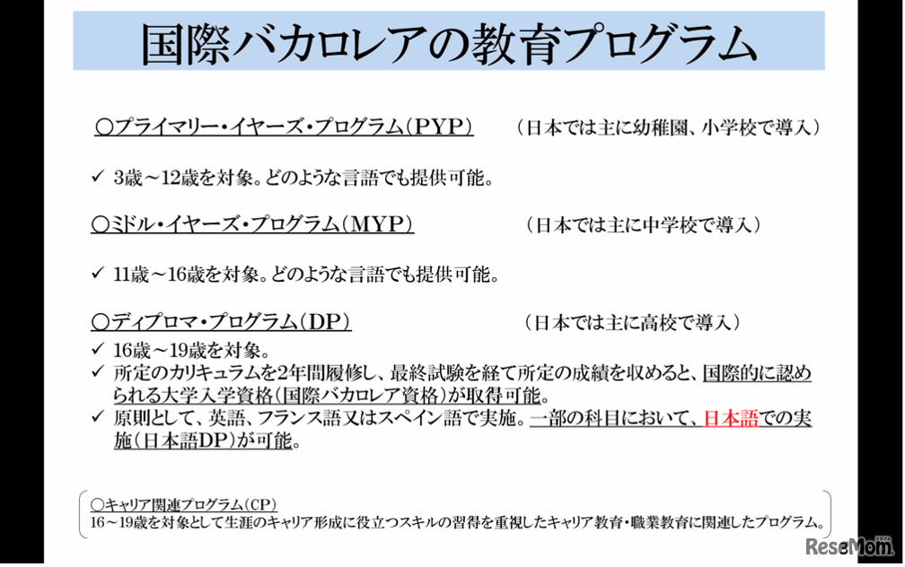 国際バカロレア（IB）の教育プログラム