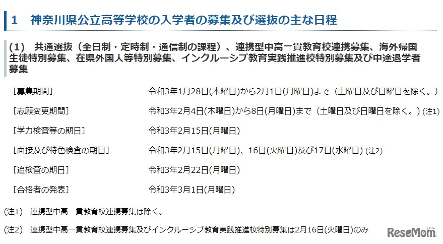 神奈川県公立高等学校の入学者の募集および選抜のおもな日程