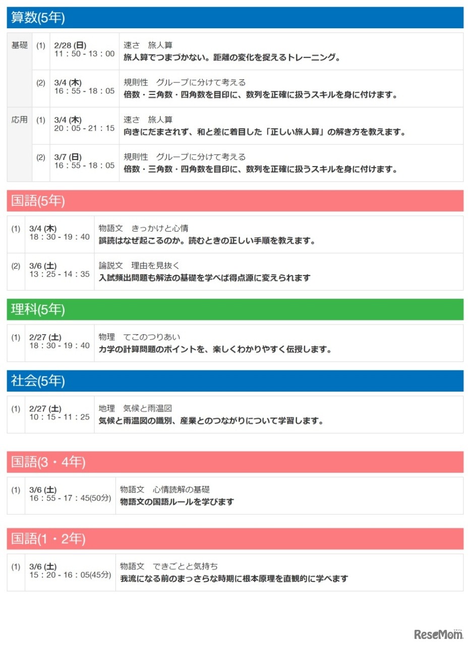 小学1～5年生対象講座