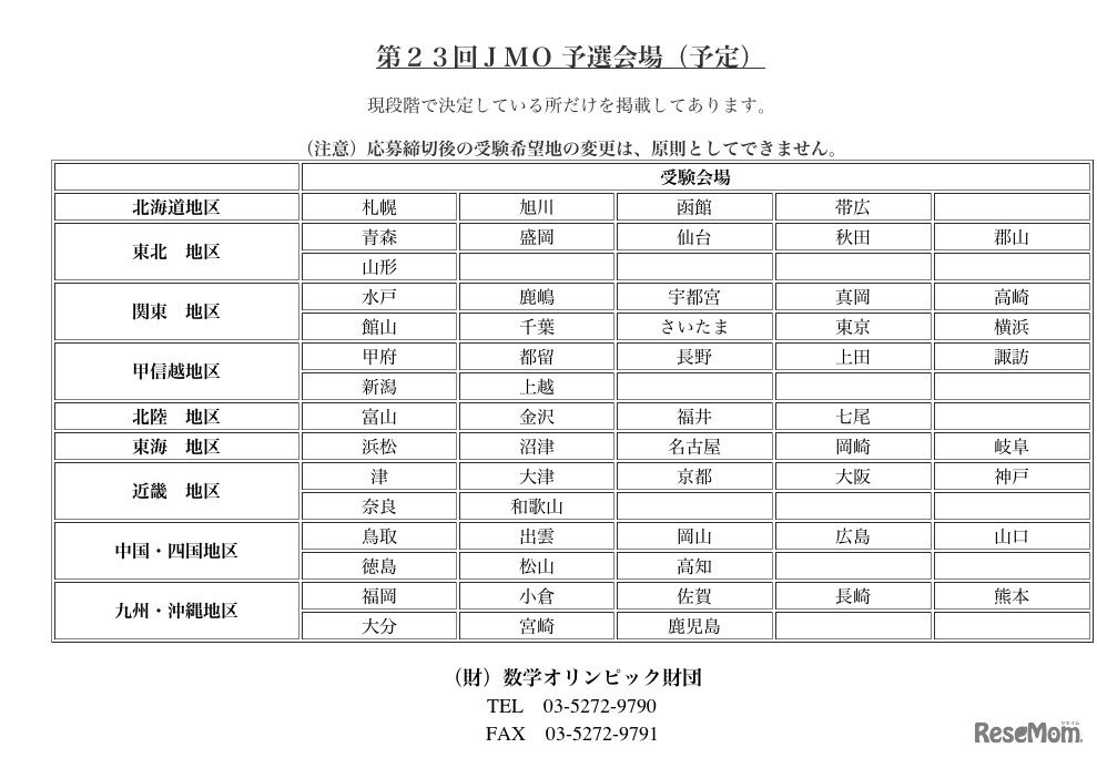 第23回JMO予選会場（予定）
