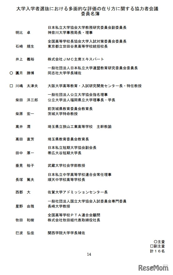大学入学者選抜における多面的な評価の在り方に関する協力者会議　委員名簿