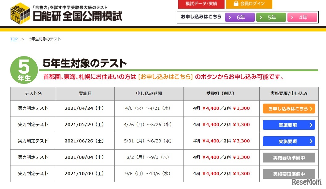 5年生対象のテスト