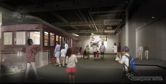 小田急電鉄が小田原急行鉄道として開業した1927年当時の車両・モハ1が展示される1階「ヒストリーシアター」のイメージ。特急ロマンスカーの歴史を紹介するショートムービーも上映される。