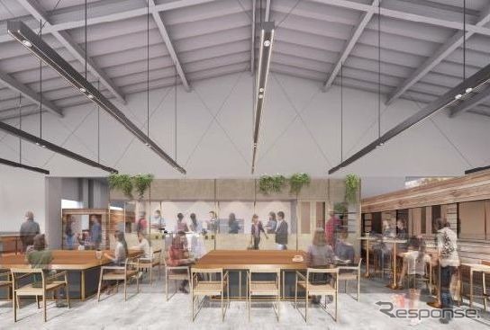 ペデストリアンデッキに面し、来館者以外も利用できる2階カフェのイメージ。