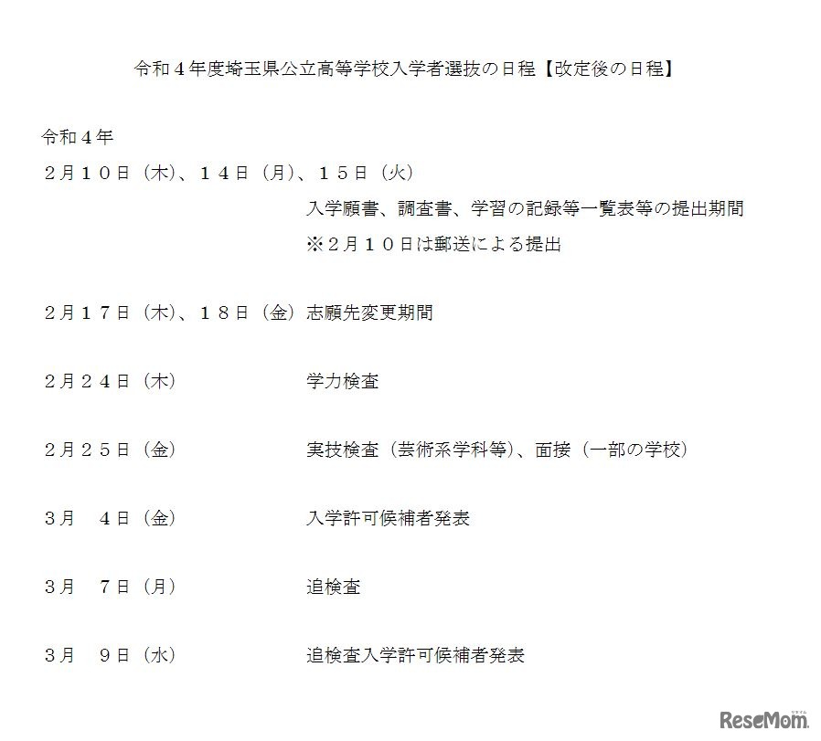 2022年度埼玉県公立高等学校入学者選抜の日程【改定後の日程】