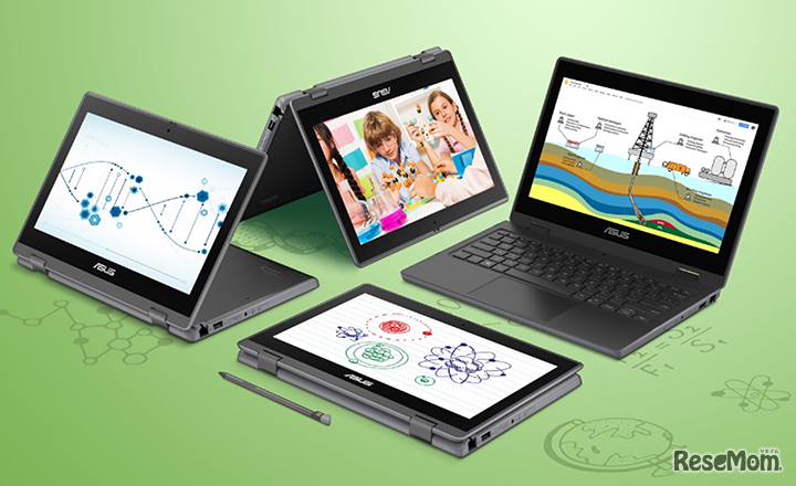 液晶ディスプレイが360度回転し、ノートパソコンスタイル、タブレットスタイル、スタンドスタイル、テントスタイル（右から時計回り）などさまざまな学習スタイルに適応