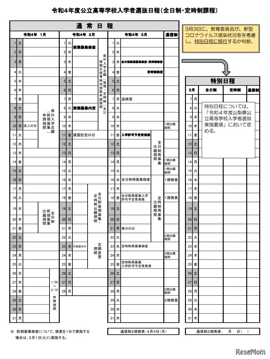 令和4年度公立高等学校入学者選抜日程（全日制・定時制課程）