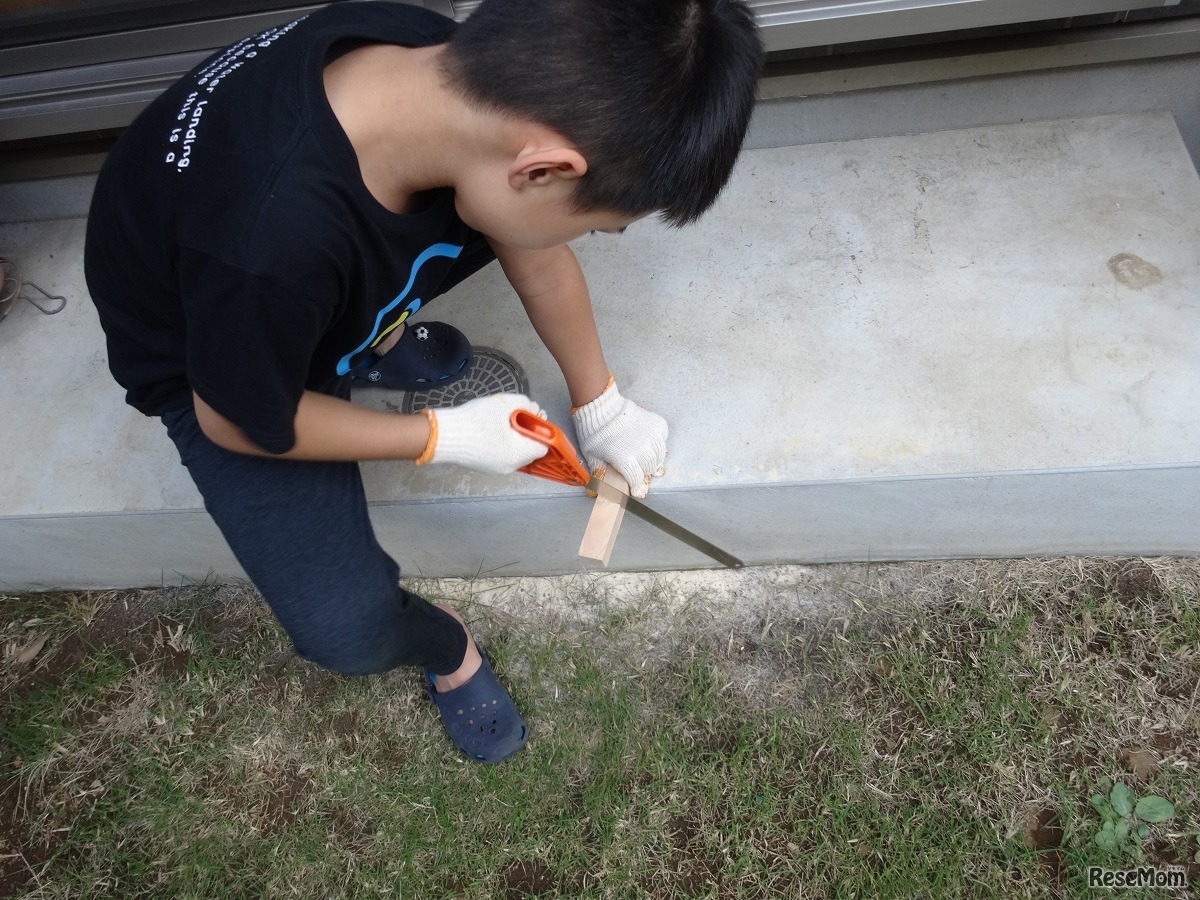 悪戦苦闘しながらも、のこぎりで木材を切っていく