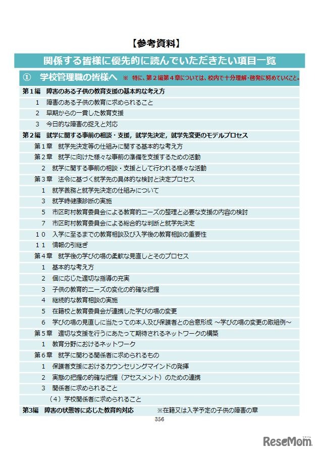 参考資料「関係する皆様に優先的に読んでいただきたい項目一覧」（学校管理職）