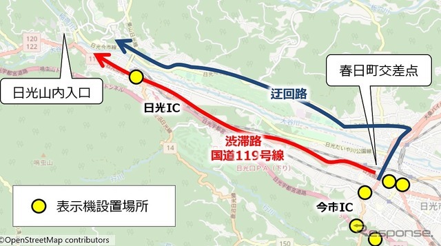 日光市の実証実験での渋滞路と迂回路、所要時間表示機設置場所