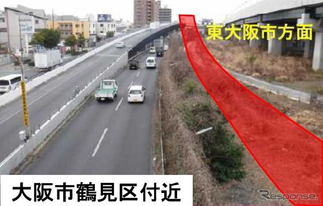 大阪モノレール延伸区間（門真市～瓜生堂間）の大阪市鶴見区付近。開業後は都心を経由せずに大阪市北部と南部を結ぶルートが形成され、到達時間が30分程度短縮される。