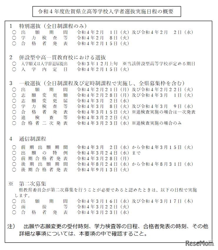 令和4年度佐賀県立高等学校入学者選抜実施日程の概要