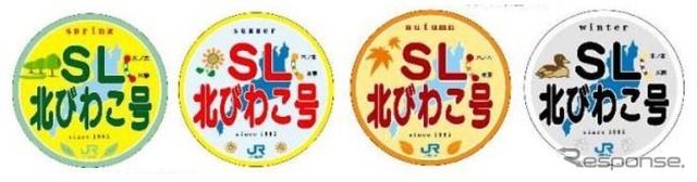 『SLスチーム号』に掲出される『SL北びわこ号』の各ヘッドマーク。左から春（9月30日掲出）・夏（10月1日掲出）・秋（10月2日掲出）・冬（10月4日掲出）。10月5日はヘッドマークなしとなる。