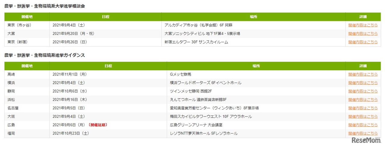 開催日程　(c) 2021 農学系大学連合進学相談会