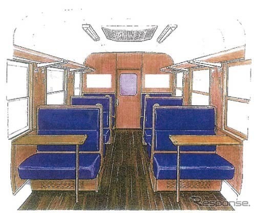 ボックスシートが並ぶ車内イメージ。大型のテーブルが付く。