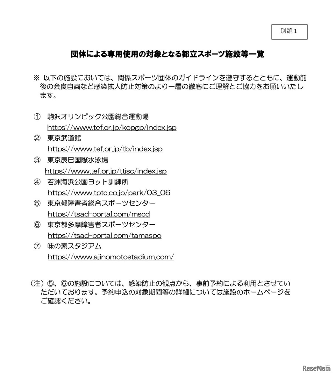 団体による専用使用の対象となる都立スポーツ施設等一覧