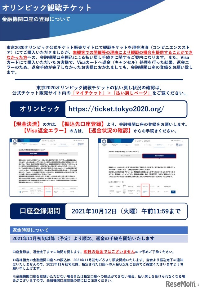 チケット代払い戻しの金融機関口座登録について（一部）