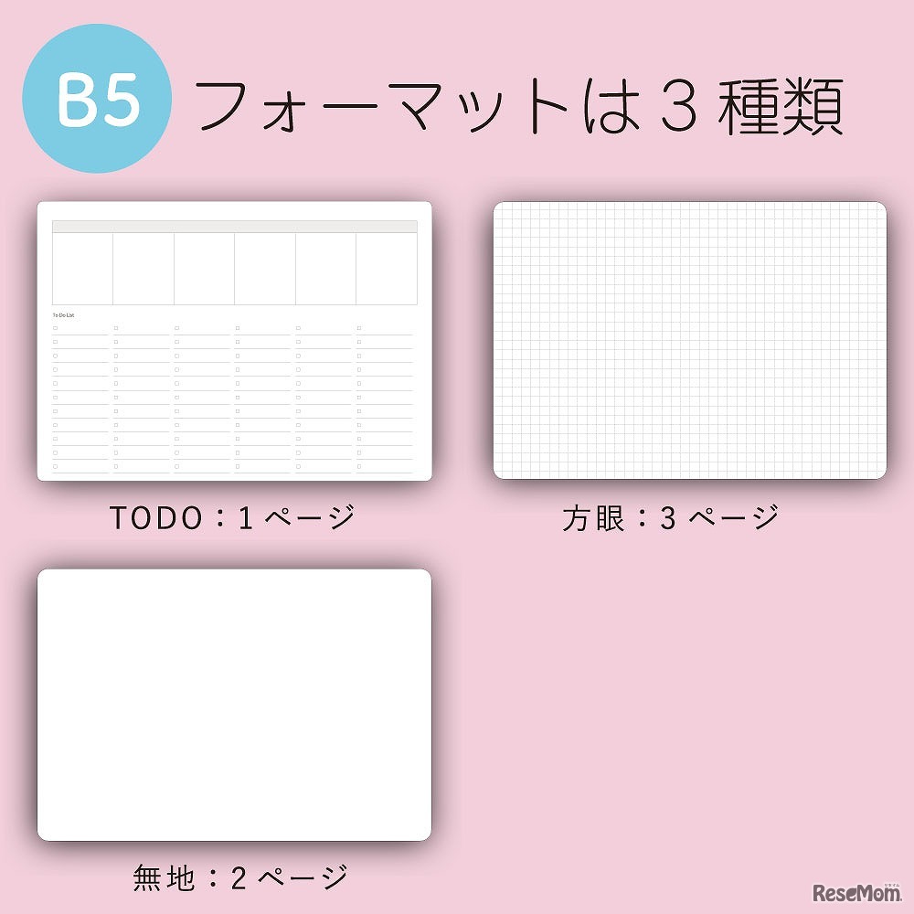 B5サイズ（フォーマットはTo Doリスト・方眼・無地の3種類）