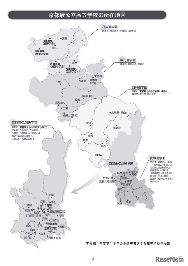 京都府公立高等学校の所在地図