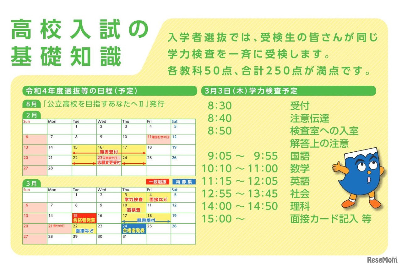 選抜等の日程（予定）と学力検査予定