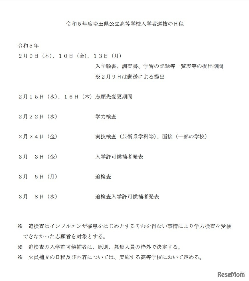 令和5年度埼玉県公立高等学校入学者選抜の日程