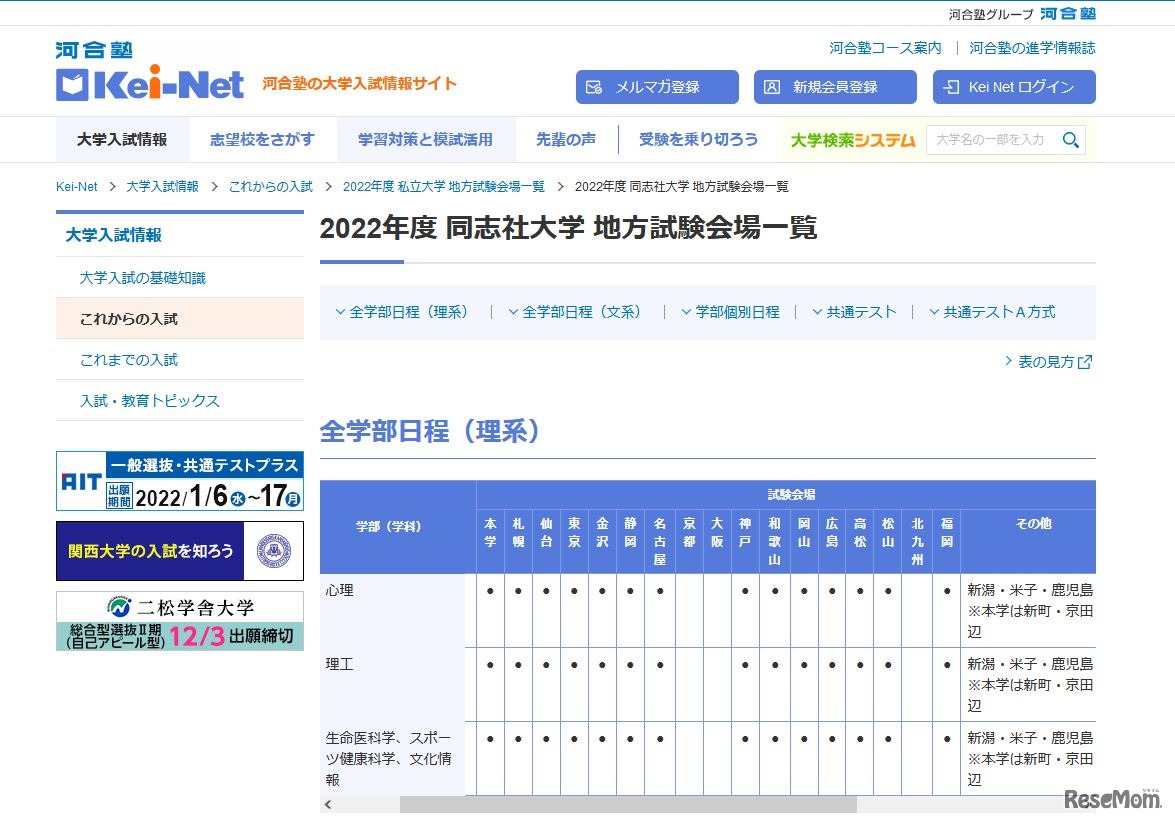 2022年度 同志社大学 地方試験会場一覧（一部）