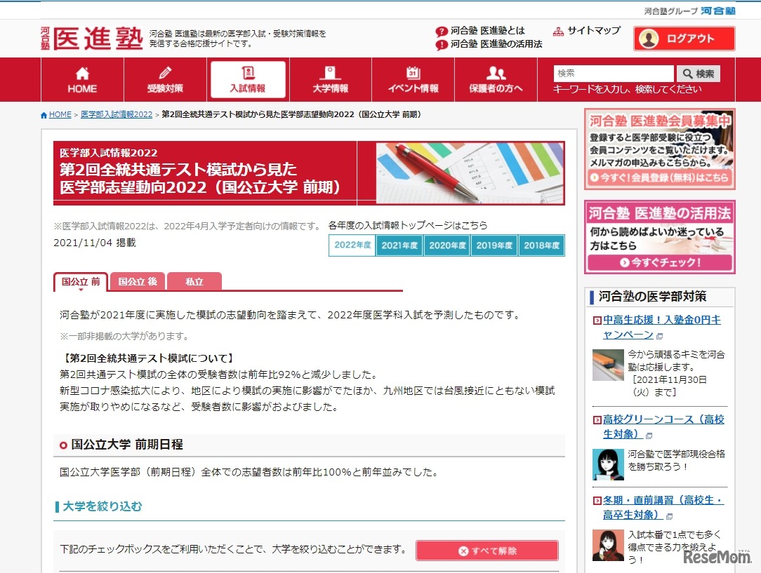 第2回全統共通テスト模試から見た医学部志望動向2022