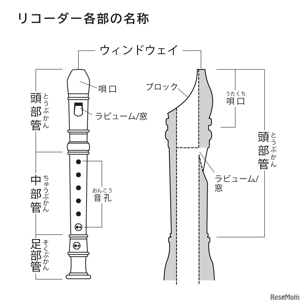 リコーダー各部の名称