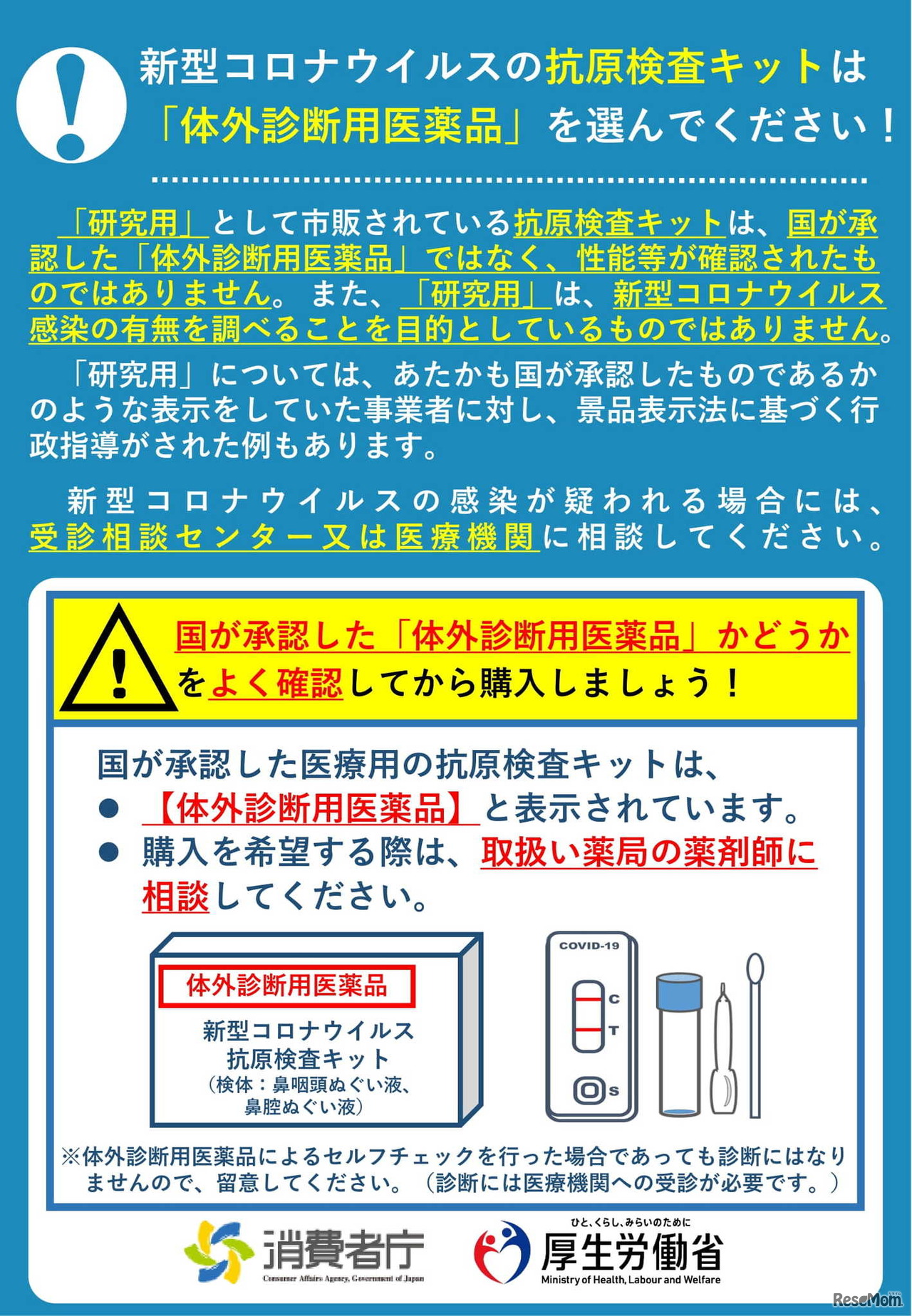 新型コロナウイルスの抗原検査キットは「体外診断用医薬品」を選んでください！
